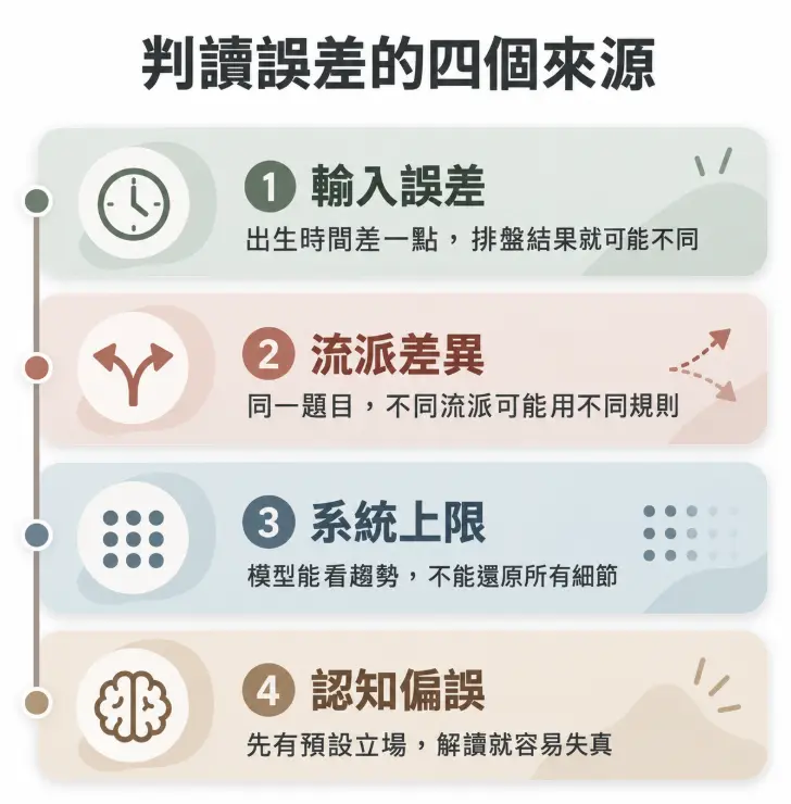 說明測八字時常見判讀誤差的條列式圖表。畫面依序點出輸入時間差導致的排盤錯誤、流派差異造成的規則不同、命理系統上限僅能看趨勢而無法還原所有細節，以及因預設立場造成的認知偏誤，協助大眾建立客觀理性的命理識讀觀念。