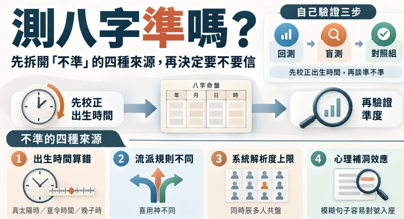 解析測八字準不準的實用判斷流程圖。上半部強調必須先校正出生時間，並建議透過回測與盲測來自行驗證準度；下半部則客觀統整出導致算命不準的四大現實來源，包含時間算錯、流派規則差異、共盤的系統解析度上限，以及容易對號入座的心理補洞效應。