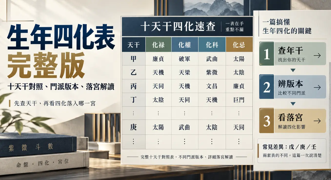 這是一張教導如何正確運用「生年四化表」的觀念圖卡。畫面將複雜的解盤過程簡化為查年干、辨版本與看落宮三大步驟，並特別提醒讀者留意戊、庚、壬三個天干在不同門派間的星曜設定差異；透過有條理的排版與重點提示，幫助初學者在對照十天干速查表時，能建立起正確且嚴謹的命理判讀邏輯。