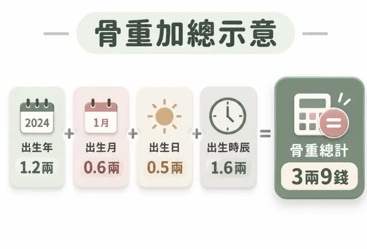 示範生辰八字輕重基本運算邏輯的骨重加總示意圖。畫面直接拆解稱骨算命的計量方式，將出生年、月、日、時對應的重量分別標示，最終相加得出總骨重為3兩9錢，直觀呈現四項參數相加的完整計算過程。
