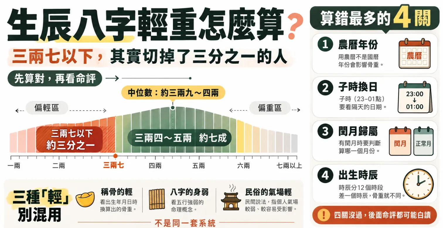 探討生辰八字輕重分佈與盲點的圖表。畫面以曲線指出三兩七以下約佔總人口三分之一，並列出農曆轉換、子時換日、閏月與時辰四大算錯地雷，同時釐清稱骨、八字身弱與民俗氣場輕的本質差異。