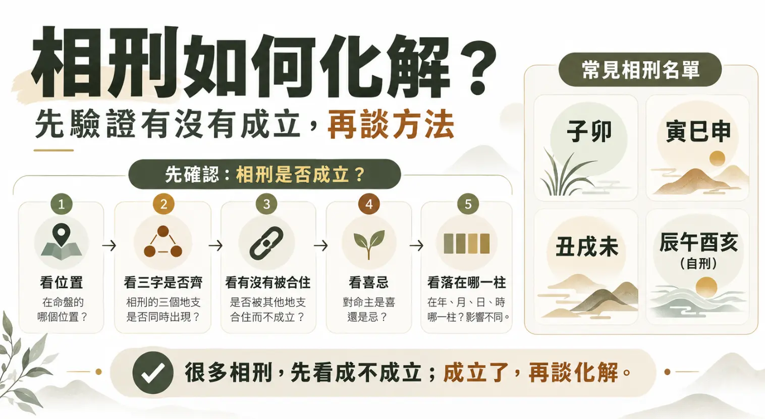 探討相刑如何化解的成立條件檢驗圖。畫面強調化解前需經五步確認：檢視位置、三字是否齊全、有無被合、辨別喜忌及落點宮位。右側同步列舉寅巳申等常見組合，提醒先驗證真偽再談解方。