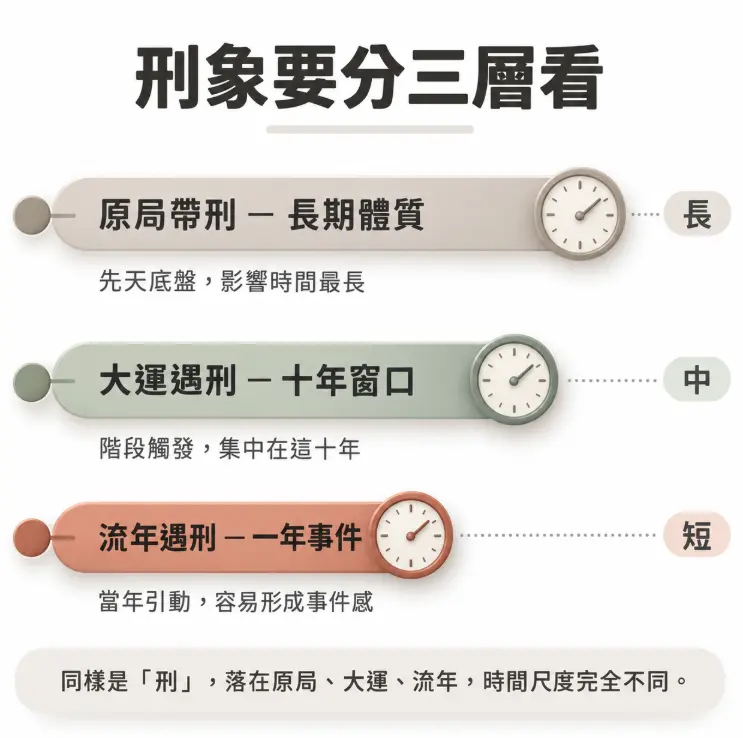 評估相刑如何化解的時間尺度概念圖。畫面將刑象拆解為三個時效層次：原局帶刑屬長期體質底盤，大運遇刑為十年階段窗口，流年遇刑則是單一年度的事件引動。釐清時間維度才能精準應對。