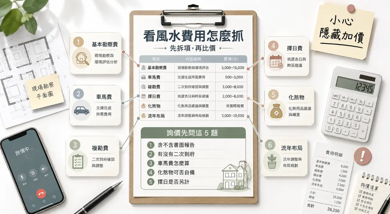 這是一張教導消費者如何評估「看風水」費用的實務工具圖。畫面以桌面視角呈現，中央的報價單詳細拆解了基本勘察、車馬費、複勘、擇日與化煞物等六大常見收費項目及參考區間；下方特別整理出詢價時必問的五個關鍵問題，並搭配旁邊的計算機與收據明細，提醒民眾委託前務必先拆項比價，以防落入隱藏加價的消費陷阱。