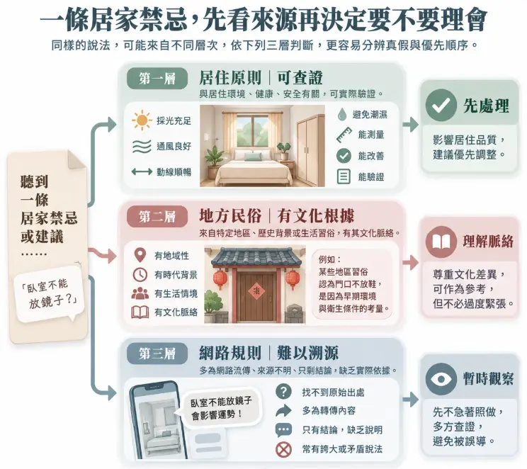 替代文字描述（ALT）
這是一幅輔助判斷包含「公仔擺放風水」等各類居家禁忌真偽的邏輯流程圖。畫面將聽到的風水建議由上至下分為三個層次：首要是影響通風動線且具科學驗證的「居住原則」，必須優先處理；其次是有文化根基的「地方民俗」，可互相尊重作為參考；最後則是來源不明的「網路規則」，建議暫時觀察不急著照做。圖表引導讀者以理性科學的層次，有效過濾並應對龐雜的風水資訊。