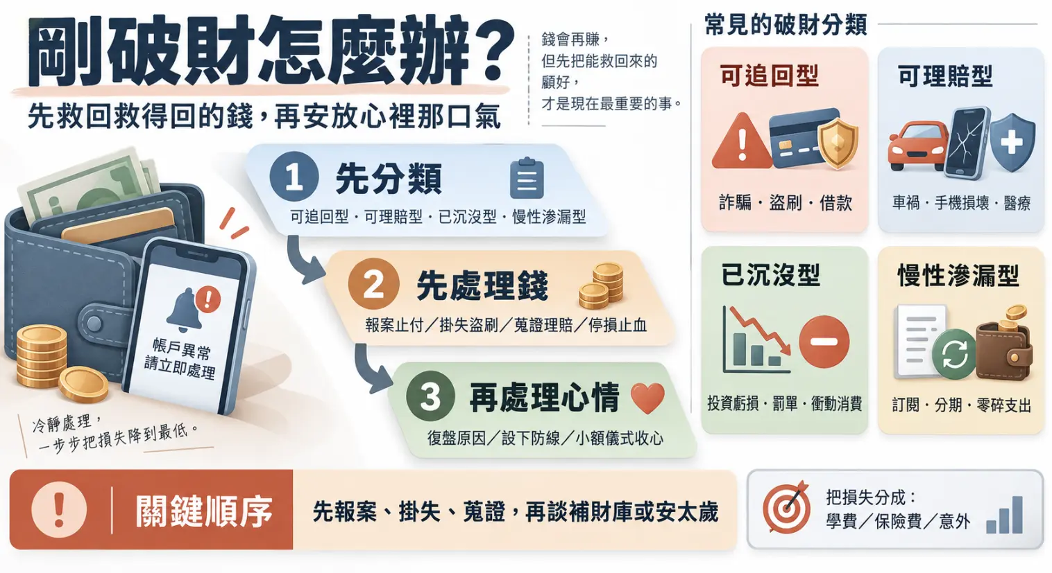 遭遇破財時的應對步驟圖。畫面將財務損失具體分為可追回、可理賠、已沉沒與慢性滲漏四種類型，並梳理出「先處理錢、再處理心情」的行動順序。提醒當事人務必先完成報案止付、掛失等實質止血動作，最後再去進行補財庫等心靈撫慰。