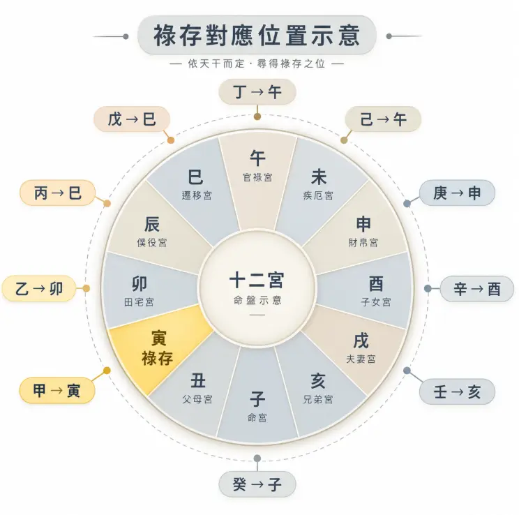 這是一幅用於查詢「祿存」落宮方位的十二宮輪盤對照圖。畫面以圓形排版呈現十二地支宮位，並在外圍清晰標註十天干的專屬對應規則（例如甲對應寅、乙對應卯、丙戊對應巳等）；圖表設計簡潔明瞭，幫助初學者依據自身出生天干，快速且準確地在命盤上定位出祿存星所在的專屬方位。