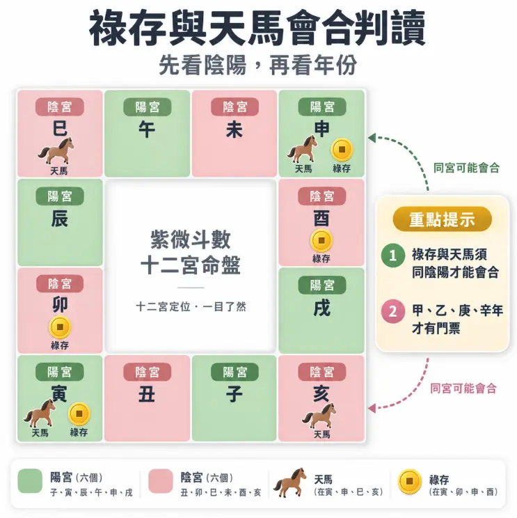圖解祿存星與天馬星在十二宮命盤上的會合規則。畫面以顏色區分陰陽宮位，直觀標示出天馬僅落在四馬地（寅申巳亥），而祿存則有特定的分布位置。右側重點提示強調祿馬必須同屬陰陽宮位才有機會會合，並點出僅有甲、乙、庚、辛年出生者才具備形成祿馬交馳格的基本門票。
