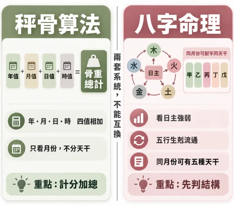 釐清八字輕怎麼辦迷思的系統對照圖。左側說明秤骨僅是將年月日時四值加總的簡單計分法；右側則強調正統八字命理著重於日主強弱、五行生剋與整體結構判定。藉此提醒兩者為獨立系統不可互換，不應將骨重直接視為八字輕重。