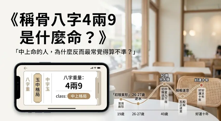 解析稱骨八字4兩9專屬人生軌跡的折線圖。左側畫面顯示其屬於中上格局，右側曲線則客觀標示出19歲、26至27歲的運勢低谷，以及40歲分水嶺與隨後的十年好運期，點出為何此格局者常在早年覺得算命不準的關鍵。