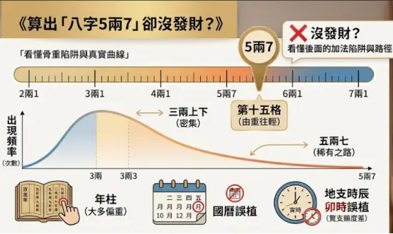 探討稱骨八字5兩7罕見度與排盤盲點的解析圖。畫面以常態分佈曲線指出此重量屬於極稀有區間，並於下方點出造成結果失真的三大常見人為計算失誤：年柱參數偏重、直接誤用國曆日期，以及地支時辰誤植，提醒測算者在對照歌訣前，務必先嚴謹確認生辰參數的正確性。