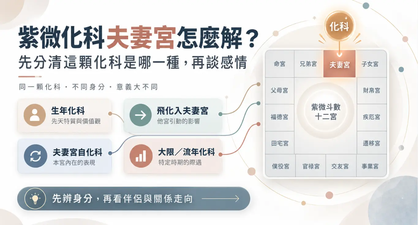 這是一張指引如何正確解讀「紫微化科夫妻宮」的實務教學圖卡。畫面右側呈現十二宮格並將化科標示於夫妻宮，左側則明確指出解盤的關鍵在於「先辨識身分」；圖面詳細列出生年化科、飛化入夫妻宮、夫妻宮自化科與大限流年化科等四種來源，提醒讀者同一顆星會因身分不同而意義大不相同，必須先釐清種類，才能準確評估伴侶特質與感情關係的最終走向。
