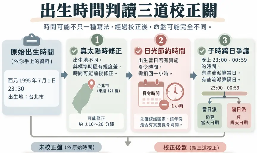 這是一幅解析「紫微命盤分析」排盤前置作業的時間校正流程圖卡。畫面以直觀的步驟圖，詳細拆解原始出生時間必須經過的三大檢核關卡：包含依據出生地經度微調的真太陽時、確認是否需扣除一小時的日光節約時間，以及處理23點後子時跨日的派別爭議。圖表藉此強烈提醒測算者，唯有經過嚴密校正的生辰，才能推演出具備高參考價值的準確命盤。