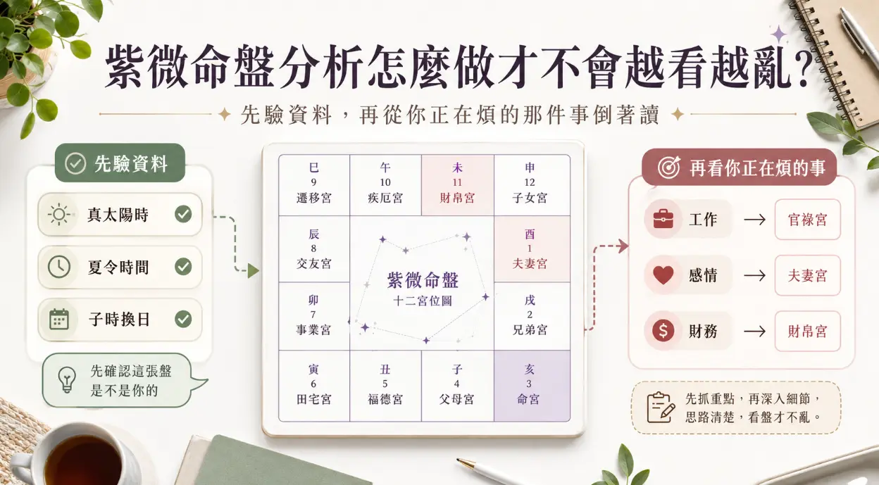 這是一張指引初學者進行「紫微命盤分析」的實境解讀圖解。畫面中央展示標準的十二宮位圖，左側強調排盤前必須先校正真太陽時與夏令時間等基礎參數以確認命盤正確性；右側則提倡帶著問題找答案的實務技巧，例如工作瓶頸直擊官祿宮、感情困擾查看夫妻宮，引導讀者透過先抓重點再深入細節的策略，建立清晰且不混亂的解盤邏輯。