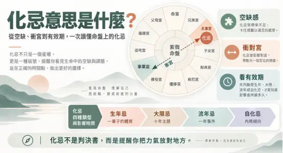 這是一張解析紫微斗數命盤中「化忌意思」的實務教學圖卡。畫面透過十二宮格圖示，詳細解析了化忌帶來的空缺感、對衝宮位的影響，以及確認有效期的重要性；下方則依序拆解生年忌、大限忌、流年忌與自化忌四種不同時效類型。圖面強烈傳達化忌並非人生判決書，而是一種提醒你把力氣放對地方的生命信號。