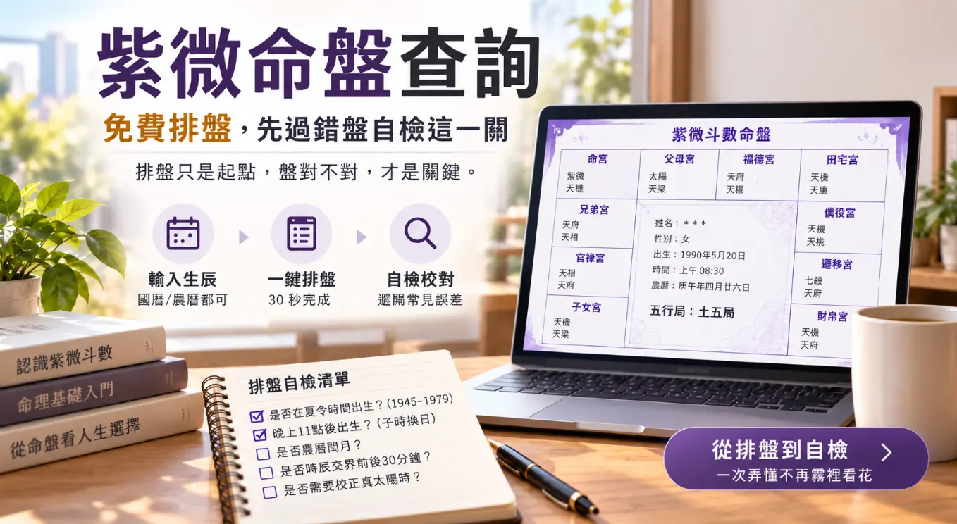 這是一張教導大眾在進行「紫微命盤查詢」時，如何運用防錯清單核對資料的實境圖。畫面以筆電顯示的線上排盤系統為背景，前方筆記本詳細列出夏令時間、子時換日、農曆閏月與真太陽時等容易被忽略的自檢項目；圖文強調線上排盤雖然只要30秒，但唯有經過嚴謹的參數校對，才能確保最終得出的命盤正確無誤，避免霧裡看花。