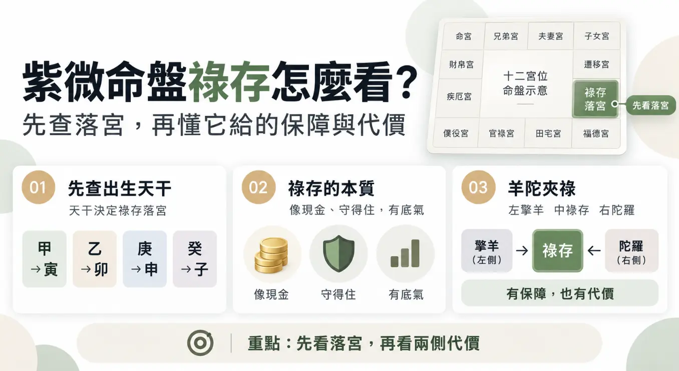 這是一張解析紫微命盤「祿存」星的教學圖卡。畫面分為三大重點：左側教導透過出生天干查詢落宮位置，中央將祿存本質具象化為現金、守得住與人生底氣，右側則深刻剖析「羊陀夾祿」的特殊格局；藉由左擎羊、右陀羅夾擊的圖示，直觀傳達了凡有祿存保障之處、必伴隨相對代價的命理邏輯。