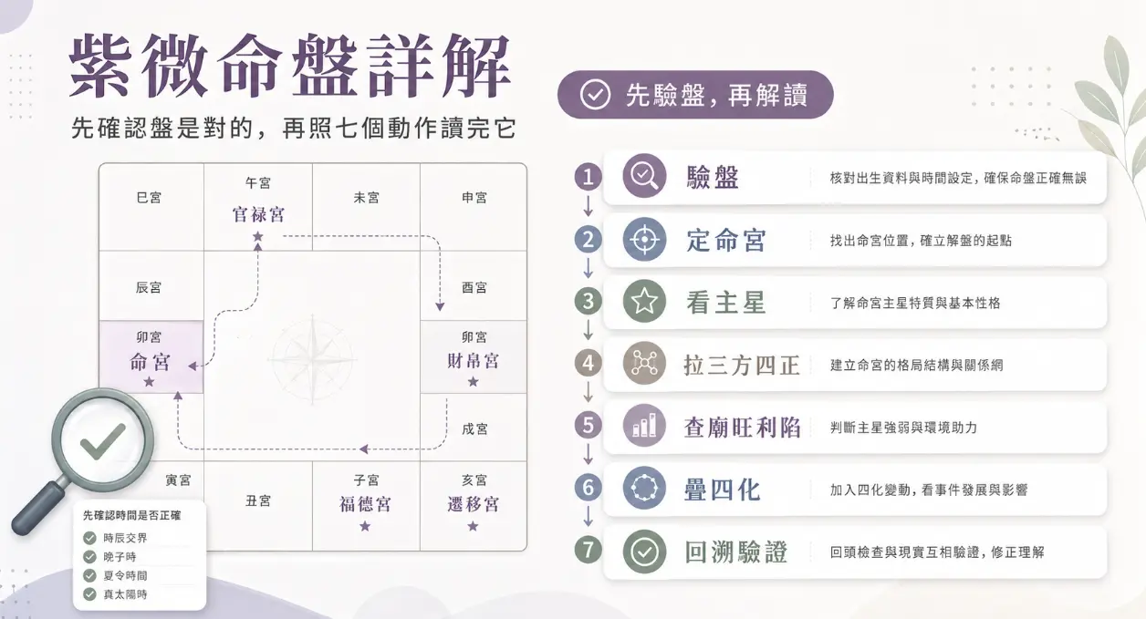 這是一張教導「紫微命盤詳解」的七步驟實戰圖卡。畫面左側以十二宮格示意如何從命宮拉出三方四正的關聯網絡，並以放大鏡強調驗證時間準確性的重要；右側則依序詳細列出解盤必經的七個動作：從最初的驗盤、定命宮、看主星，一路推進到查廟旺利陷、疊四化與最終的回溯驗證，引導讀者循序漸進地掌握看盤邏輯，避免一開始就迷失在複雜的星曜中。