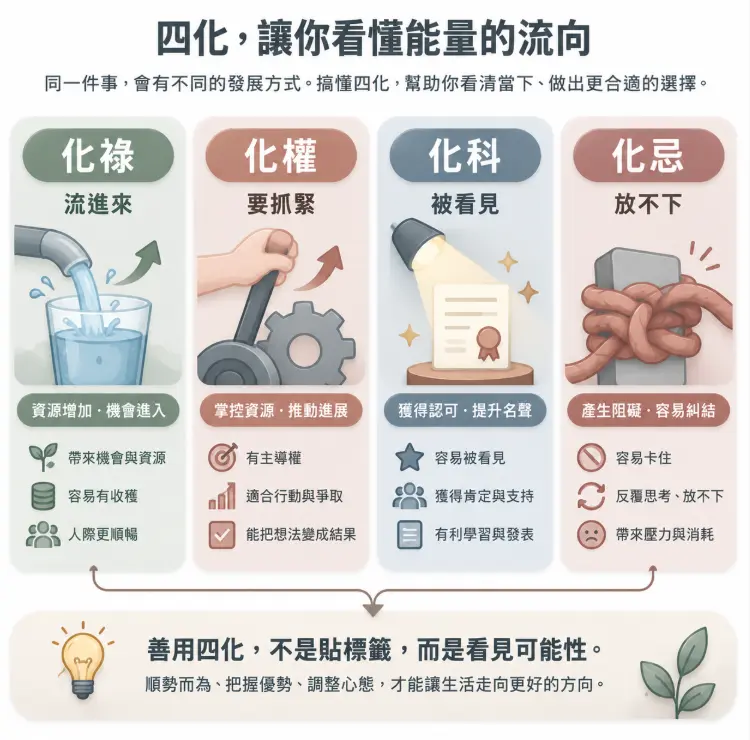 這是一幅解析紫微斗數「四化」能量流向的直觀對照圖。畫面將四種星曜變化具象化：包含代表機會流進的「化祿」、掌控資源的「化權」、獲得認可的「化科」，以及象徵放不下與阻礙的「化忌」；透過水管、控制桿、探照燈與打結繩索等生活化視覺元素，幫助讀者秒懂化忌容易帶來的內耗與壓力，並引導大眾善用四化順勢調整心態，做出更合適的選擇。