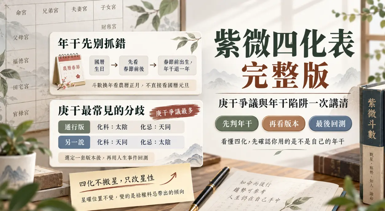 這是一張教導如何正確使用「紫微四化表」的觀念教學圖。畫面以充滿書卷氣息的書桌為背景，重點整理了查詢四化表前的兩大防錯提醒：首先點出農曆春節前後出生者的「年干」判斷標準，避免找錯起點；其次詳細列出爭議最多的「庚干」不同派別（太陽/天同）設定。圖卡下方更貼心備註四化只是改變星性而非移動星曜，引導學習者建立先確認年干派別、再以實際人生事件回測的正確解盤邏輯。
