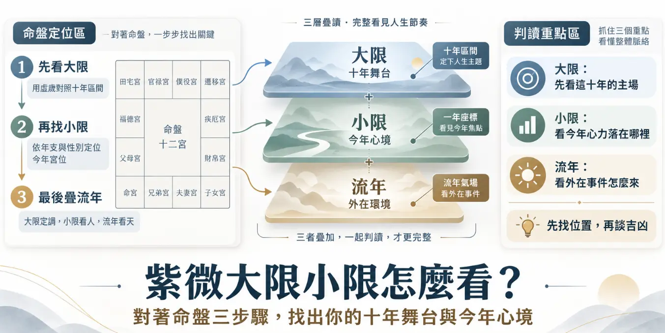 解析紫微斗數大限小限與流年互動關係的判讀教學圖。圖中將運勢拆解為三個疊加層次，從定位十年主場的大限、反映今年內在心境的小限，到代表外在事件的流年，引導學習者依序找準位置，建立完整的立體解盤邏輯。