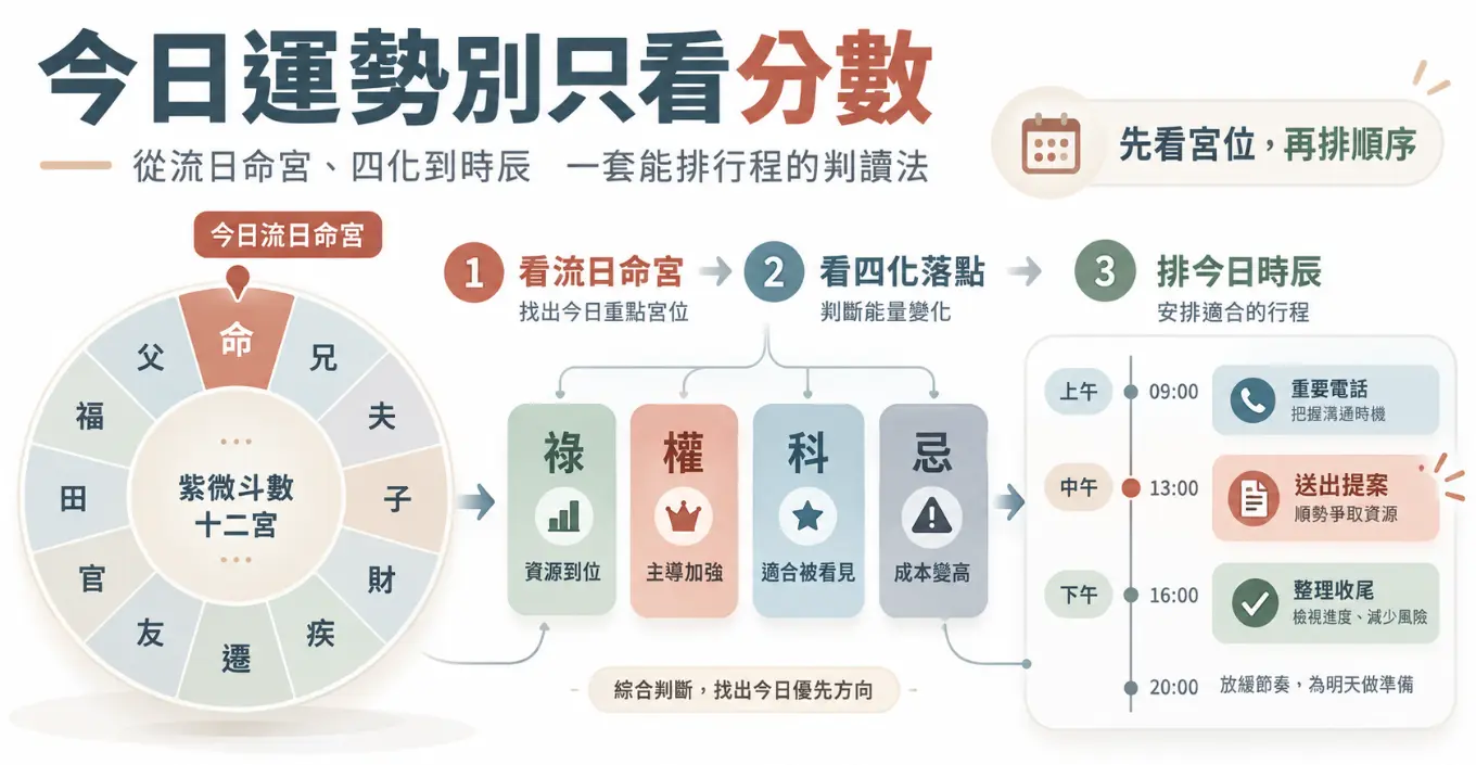 這是一張教導如何運用「紫微斗數今日運勢」來安排日常行程的實務圖卡。畫面打破大眾看運勢只看分數的迷思，提出清晰的三步驟解讀法：首先找出流日命宮鎖定當日重點，接著觀察祿權科忌四化落點來評估能量變化，最後將這些命理訊號具體落實到早、中、晚的時辰規劃中，幫助讀者精準安排重要電話、送出提案或整理收尾的最佳時機。