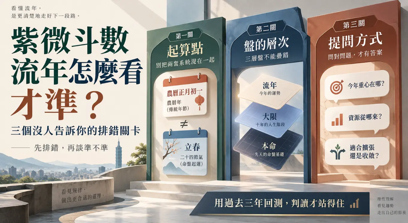 這是一張解析「紫微斗數流年」精準看盤訣竅的3D視覺圖。畫面以三道拱門關卡為核心，由左至右分別點出排盤容易出錯的三大盲區：第一關釐清農曆初一與立春的起算差異，第二關拆解本命、大限與流年三層命盤的疊加結構，第三關則引導讀者聚焦於「今年重心」與「擴張收斂」等具體提問；圖面下方更強調以過去三年回測的實務心法，幫助大眾建立清晰的流年解讀邏輯。