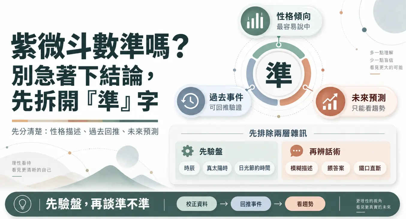 這是一張探討「紫微斗數準嗎」的觀念解析圖。畫面將命理的準確度客觀拆分為性格傾向、過去事件與未來趨勢三個層次；並在下方強調，判斷準確度前必須先排除「生辰未校正」與「算命師話術」兩大雜訊，引導讀者以「先驗盤，再談準不準」的理性邏輯來檢視算命結果。