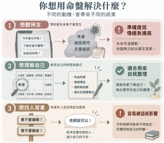 這是一幅分析大眾進行「紫微斗數算命」時，不同動機將導向不同結果的觀念對照圖卡。畫面將求問心態分為三類：單純「想聽預言」容易導致焦慮且準確度低；「想找人背書」做決定則容易失去主見並被話術影響；唯有抱持「想理解自己」的心態，聚焦於探索性格特質與優勢挑戰，才最適合用來進行自我整理。圖表藉此引導讀者建立健康的命理價值觀，將人生的決定權拿回自己手中。