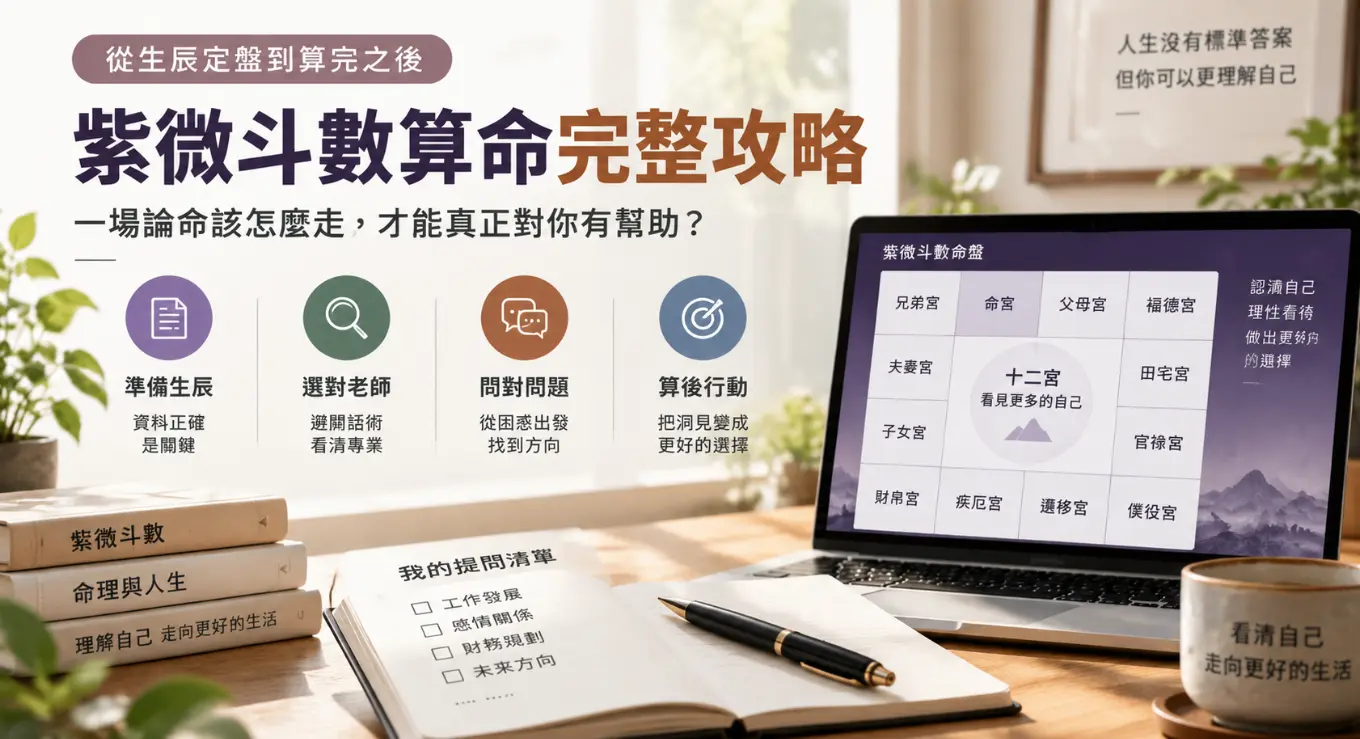 這是一張教導如何建立正確「紫微斗數算命」觀念的實用攻略圖。畫面以書桌與筆電上的十二宮命盤為背景，搭配筆記本中的專屬提問清單，詳細列出論命流程的四個關鍵步驟：包含準備正確生辰、選對專業老師、從困惑出發問對問題，以及最重要的算後行動。圖卡強調算命並非尋求標準答案，而是透過釐清現況，幫助自己做出更理想的人生選擇。