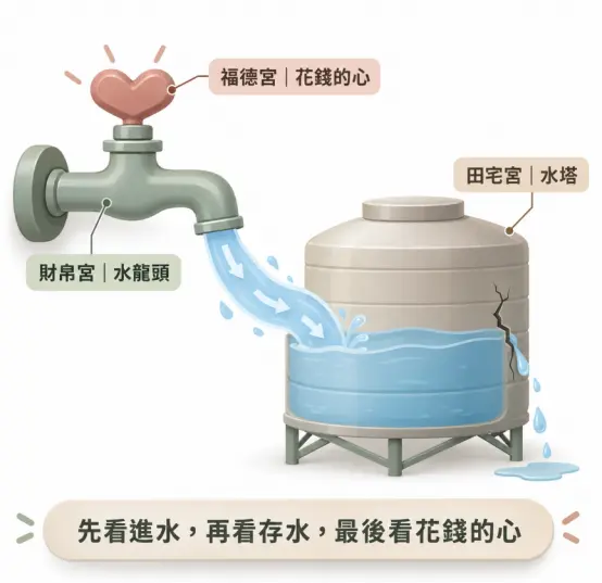 這是一幅生動詮釋「紫微斗數財帛宮」進水與蓄水概念的3D立體圖卡。畫面左側以帶有愛心開關的綠色水龍頭，巧妙地將代表賺錢能力的財帛宮與象徵花錢心態的福德宮結合在一起；流出的清水則注入右側代表田宅宮的大型蓄水塔中，且水塔邊緣畫有一道裂縫與漏水痕跡。透過這組直觀的圖像，清晰傳達了「先看進水、再看存水、最後看花錢的心」的財務解盤順序，幫助初學者秒懂財富累積與流失的核心關鍵。