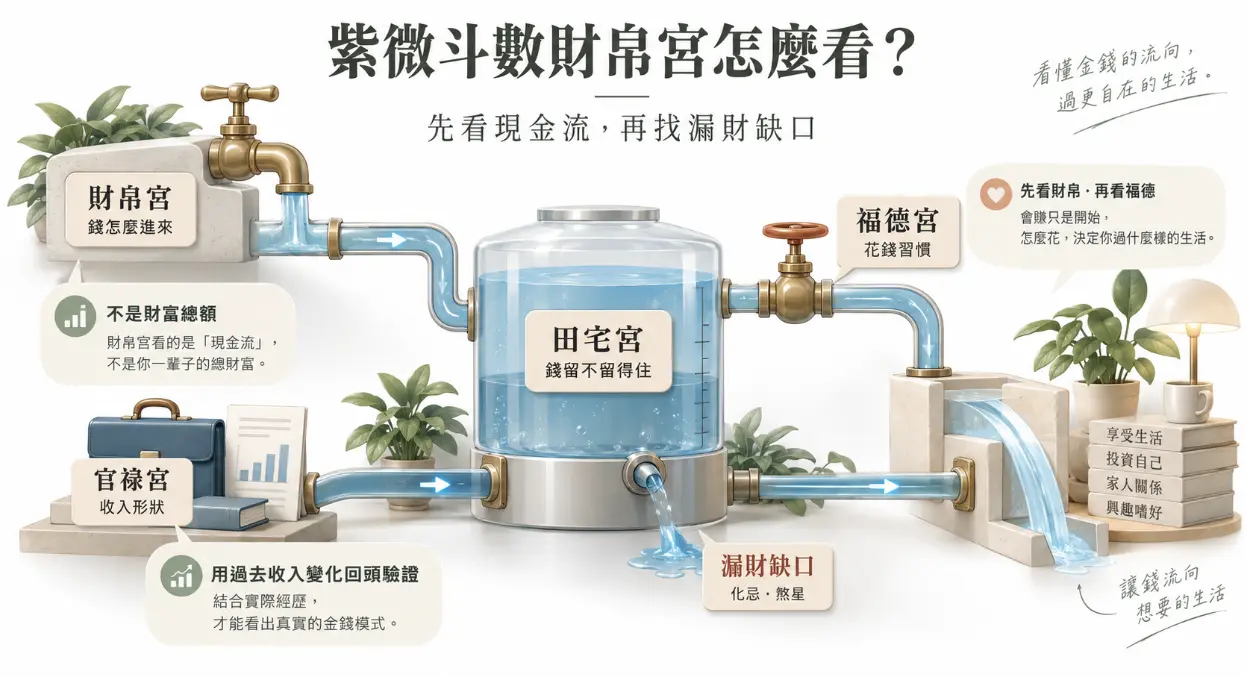這是一張解析「紫微斗數財帛宮」運作邏輯的3D水管線路圖。畫面以水流系統具體化金錢流動的過程，將財帛宮比喻為進水的管路以檢視現金流，左下角官祿宮代表收入的形狀，中央的田宅宮水塔象徵留住財富的能力，而右側福德宮的閥門則控制著花錢的習慣與生活品質；圖面下方更特別標示出化忌與煞星所造成的漏財缺口，引導讀者跳脫單一宮位，透過完整的蓄水模型來檢視個人真實的財務體質。