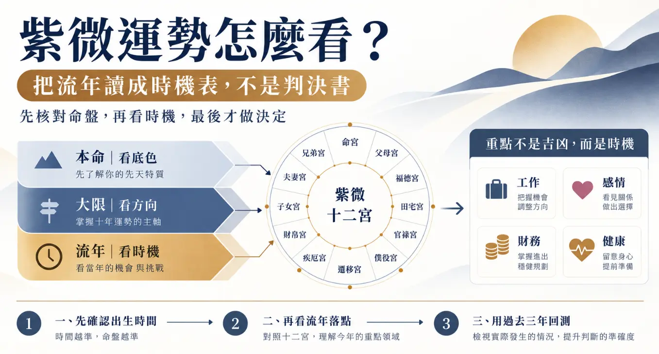 這是一張教導「紫微運勢」正確解讀觀念的教學圖卡。畫面將命盤拆解為本命底色、大限方向與流年時機三個層次，中央搭配十二宮位輪盤，右側強調運勢重點在於掌握工作與財務的行動時機；下方更列出確認時間、查看落點與回測過去三年的解盤三步驟，引導讀者將命理視為規劃人生的實用時機表，而非宿命判決書。