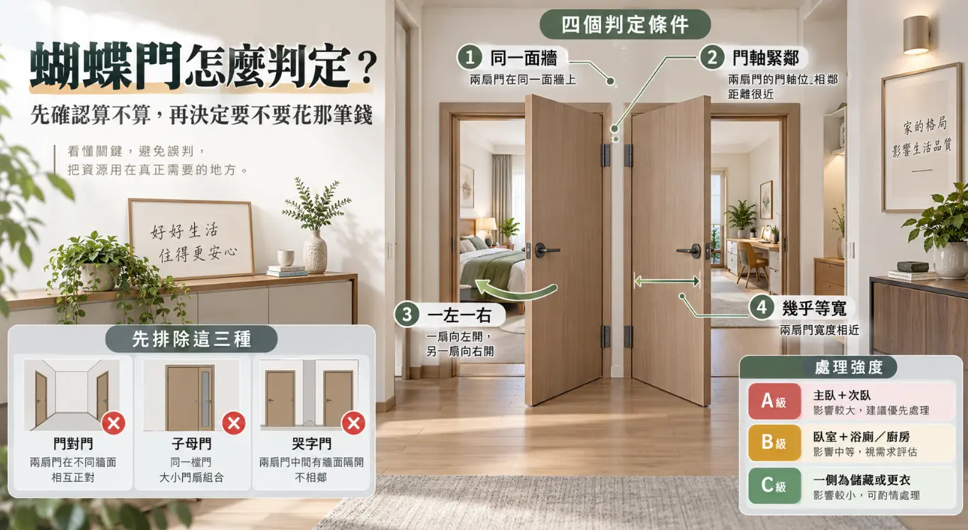 這是一張教導大眾正確判斷「蝴蝶門風水」的室內實景教學圖。畫面中央展示了兩扇在同一面牆上、門軸相鄰且一左一右等寬開啟的木質房門，具體示範了構成蝴蝶門的四個核心條件；圖卡左下方特別圖解排除了門對門、子母門與哭字門這三種容易混淆的錯誤迷思，右下角則依據房間用途（如主臥對次臥、臥室對衛浴）列出煞氣影響的嚴重等級，幫助屋主精準辨識格局，避免花冤枉錢進行不必要的化解。