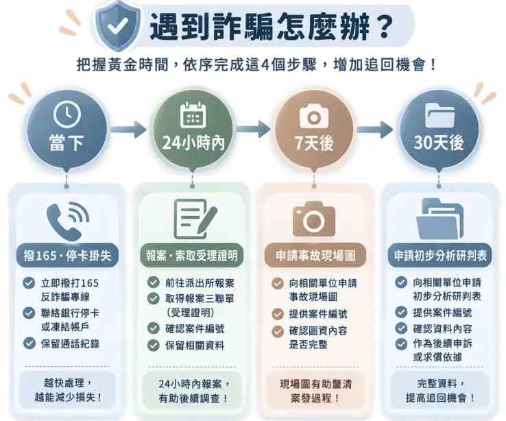 遇到詐騙破財時的四階段搶救流程圖。畫面以時間軸方式,列出當下、24小時內、7天後與30天後的具體執行動作。從第一時間撥打165反詐騙專線與圈存停卡,到前往派出所報案取得三聯單,以及後續申請相關研判資料,協助受害者逐步備齊證據以提高款項追回機會。