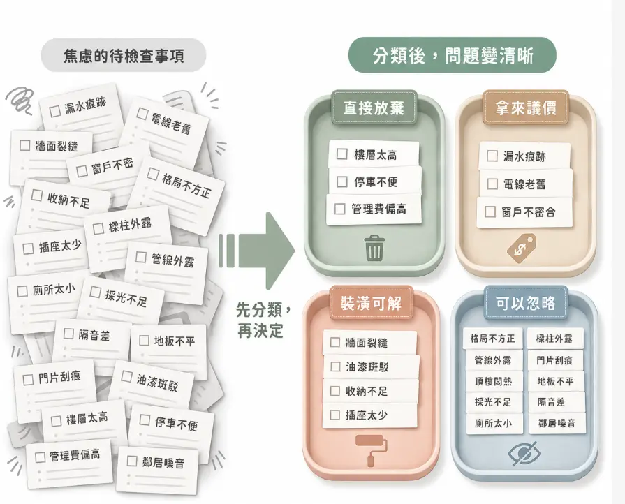這是一幅輔助判斷「風水怎麼看」的看屋問題分類圖卡。畫面左側散落著漏水、格局不方正或樑柱外露等令人焦慮的待檢查事項標籤；右側則透過系統化的分類邏輯，將這些雜亂的風水與硬體瑕疵梳理進「直接放棄、拿來議價、裝潢可解、可以忽略」四個具體的收納盤中，引導讀者在看完屋況後能冷靜分類，做出理性的購屋決策。