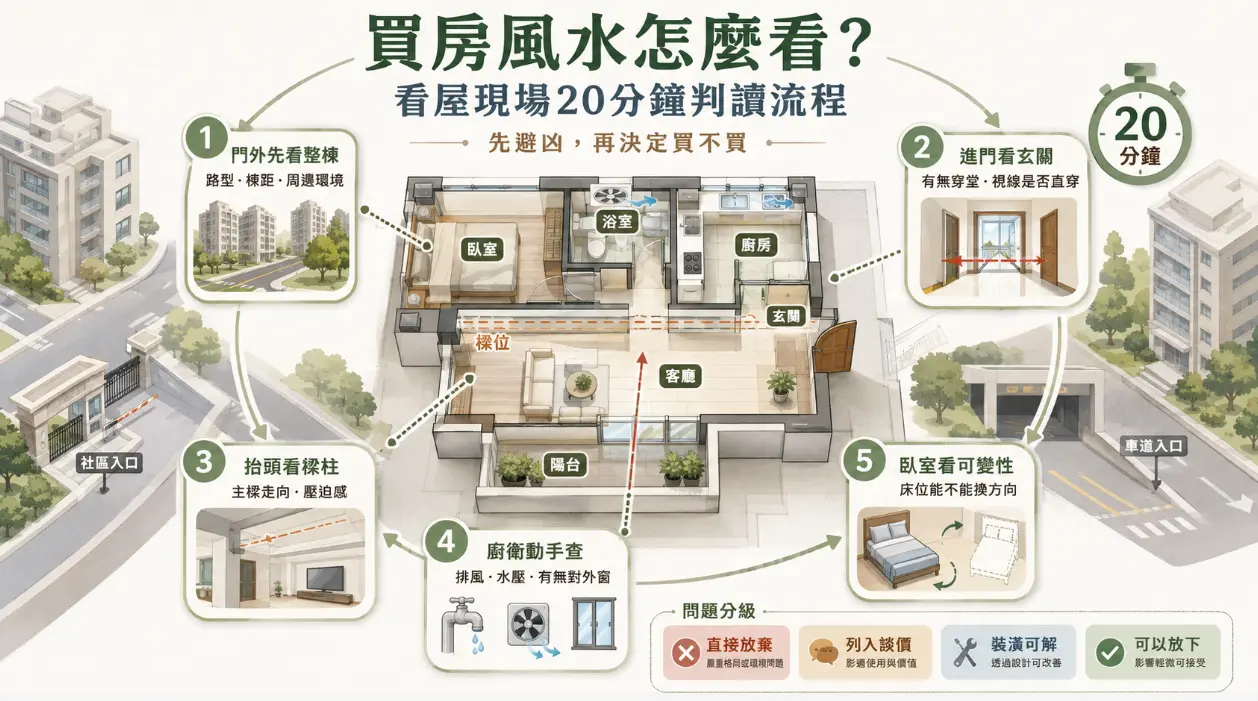 這是一張教導「風水怎麼看」的買房現場快速勘驗圖解。畫面以3D房屋平面圖為核心，標示出20分鐘內必看的五大重點：從門外周邊環境、進門玄關有無穿堂煞、抬頭確認樑柱壓迫感、廚衛水電排風，到評估臥室床位的調整彈性；圖卡右下方更附上問題分級指標，幫助購屋族高效率篩選出避開凶煞的理想好宅。