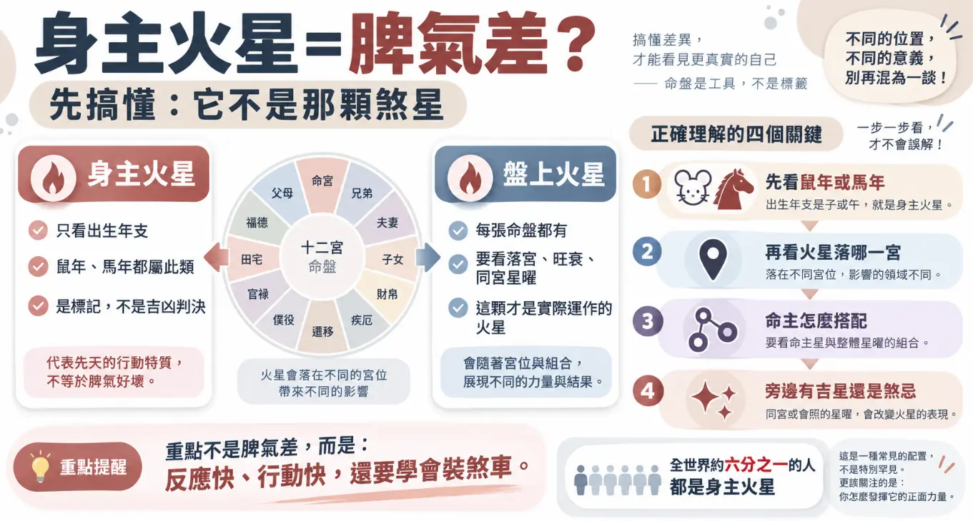 這是一張破解「身主火星等於脾氣差」迷思的觀念圖卡。畫面左側將僅代表先天行動特質的身主火星，與右側命盤中實際發揮作用的煞星火星進行嚴格區分；並透過四個解盤關鍵步驟，引導讀者正確認識這項專屬於鼠年與馬年出生者的特質，強調其核心優勢在於反應與行動極快，而人生真正的課題則是學會為自己「踩煞車」。