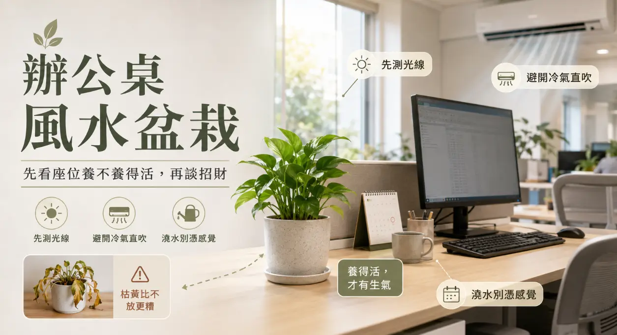 這是一張傳遞「辦公桌風水盆栽」正確觀念的辦公室實景圖。畫面中央擺放著一盆生機盎然的綠色植物，強調在追求招財佈局之前，必須先評估座位環境是否能讓植物存活；圖卡列出了先測光線、避開冷氣直吹與切忌憑感覺澆水三大原則，並特別警告枯黃的盆栽對氣場的破壞力遠比空桌還糟，提醒上班族維持植物的健康生機才是開運的根本基礎。
