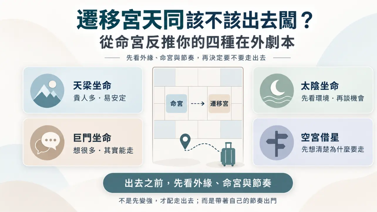 這是一張探討「遷移宮天同」是否該出外闖蕩的分析圖卡。畫面以命宮與遷移宮的對應關係為核心，分別解析天梁、巨門、太陰與空宮坐命時的四種外在發展劇本；圖面下方則特別提醒大眾，外出前應先釐清自身的外緣與節奏，帶著適合自己的步調去面對環境挑戰，而非盲目要求自己先變強才敢跨出舒適圈。
