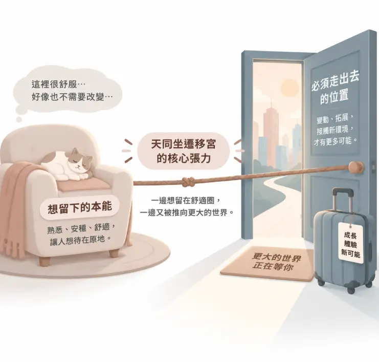 這是一幅具象化「遷移宮天同」內心矛盾的情境示意圖。畫面左側以慵懶躺在沙發上的貓咪，代表渴望留在熟悉環境的安逸本能；右側則以敞開的大門與等候的行李箱，象徵必須向外拓展的成長呼喚。圖中利用一條緊繃的繩索將這兩端連結，精準詮釋了當事人一邊想賴在舒適圈、一邊又被命運推向更大世界的深層心理拉扯。
