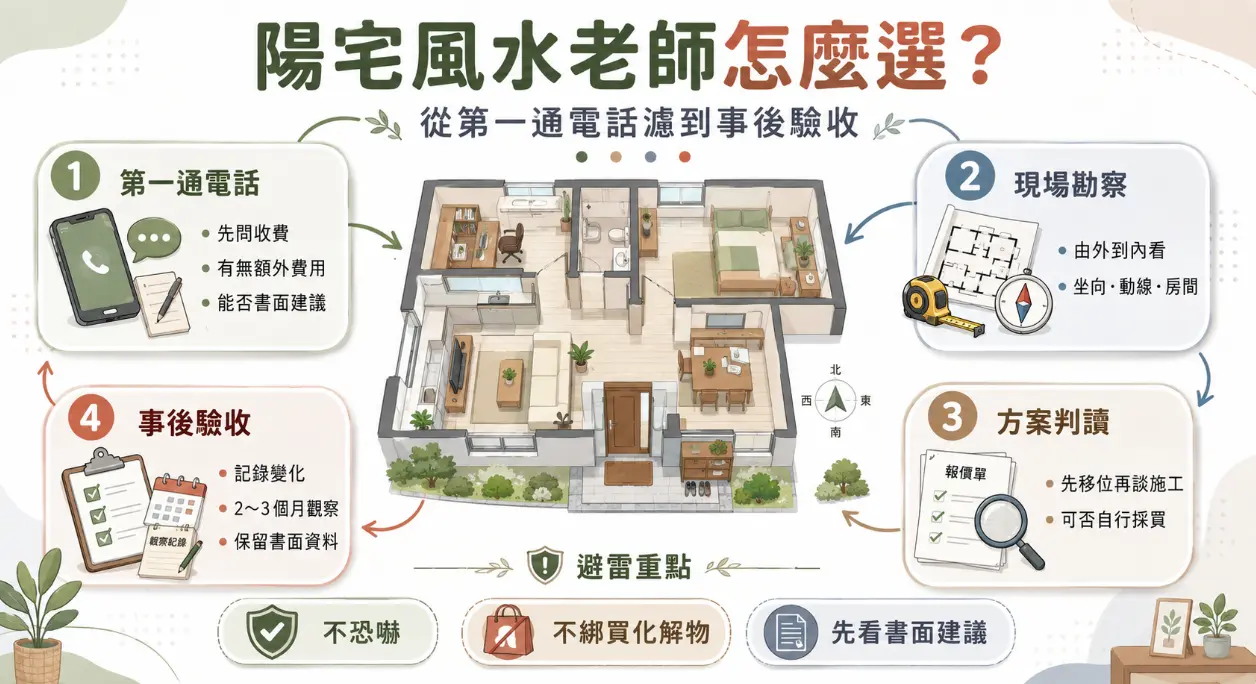 這是一張教導大眾如何正確挑選「陽宅風水老師」的實務流程圖。畫面以3D居家平面圖為中心，詳細拆解從第一通電話確認收費、現場勘察動線、方案判讀到事後觀察驗收的四大把關步驟；圖卡下方更明確列出不恐嚇、不強迫購買化解物以及要求書面建議的三大避雷重點，協助屋主以理性科學的態度，篩選出具備專業與職業道德的風水顧問。