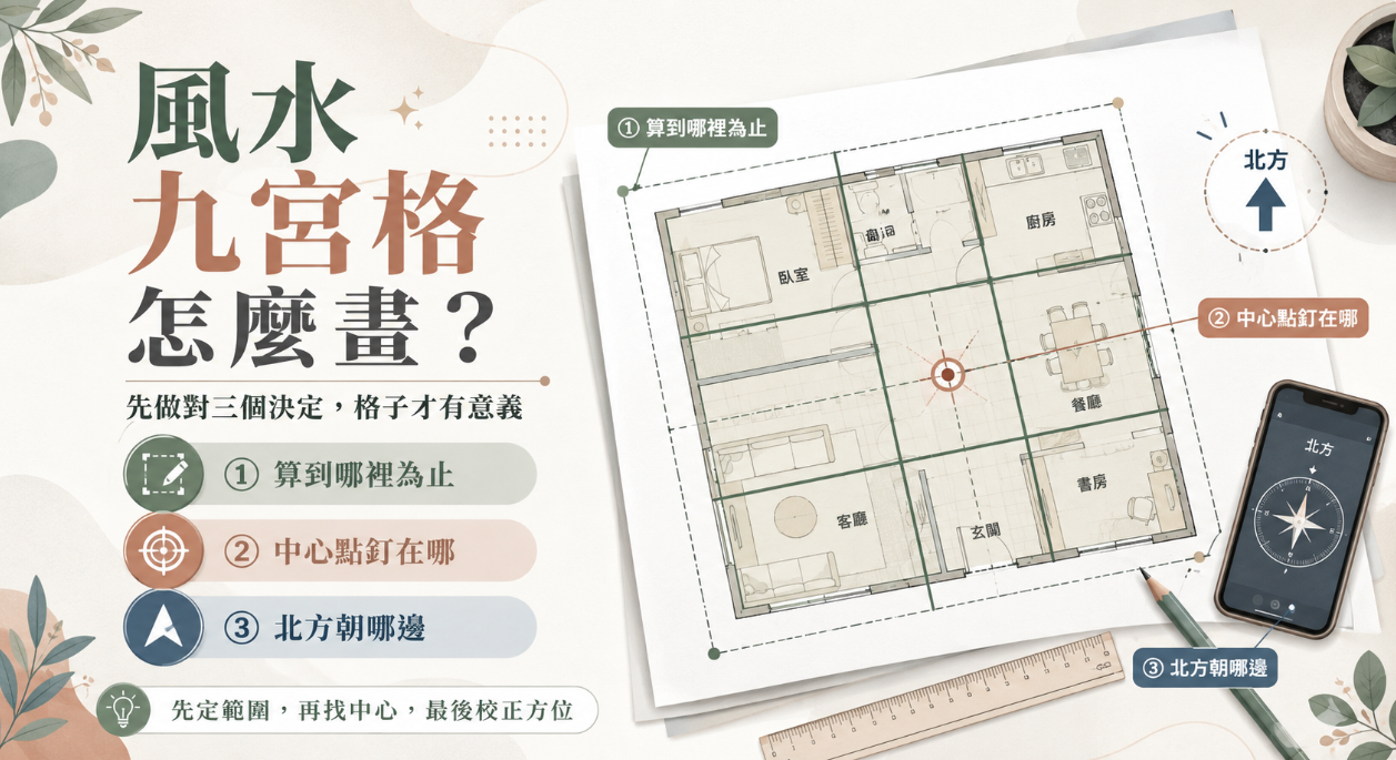 這是一張教導如何正確繪製「風水九宮格」的實作圖解。畫面右側以一張常見的居家平面圖為底本，疊加上綠色的九宮格線條；左側則清晰列出繪圖前必須做對的三個決定：首先確認房屋的邊界範圍（算到哪裡為止），接著找出空間的幾何中心點，最後利用手機指南針校正出正確的北方朝向，引導讀者透過科學的測量步驟，畫出具有實質風水參考價值的九宮格。