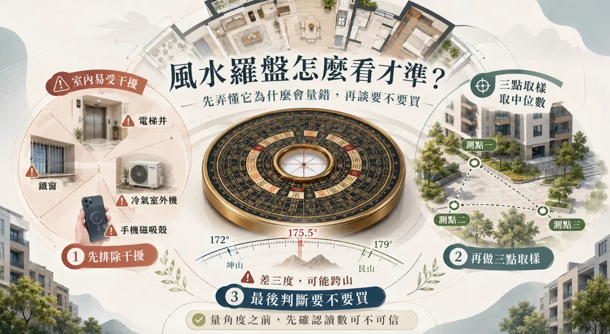 這是一張教導如何精準使用「風水羅盤」的實境解說圖。畫面中央放置一面傳統羅盤，左側圖示提醒測量時務必避開電梯井、鐵窗與手機磁吸殼等常見的室內磁場干擾源；右側則示範了在建築物外部進行「三點取樣」取中位數的科學量測法。圖文強烈提醒使用者，在判斷風水吉凶前必須先確保讀數的可靠性，以免因幾度的微小干擾而產生跨山向的嚴重誤判。