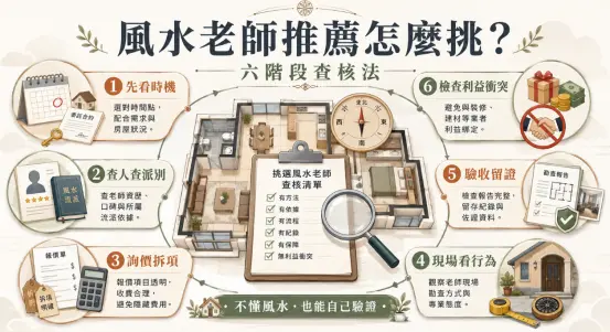 這是一張解析如何檢視「風水老師推薦」名單的六階段查核教學圖。畫面中央以3D居家格局圖與打勾的檢核表為核心，四周詳細列出評估顧問的六大防雷步驟：包含先確認介入時機、查證師資派別、要求報價明細，到觀察現場勘查行為、索取書面驗收報告，以及嚴查是否與裝修業者有利益衝突；提供屋主一套不懂風水也能自我保護的科學檢驗流程。