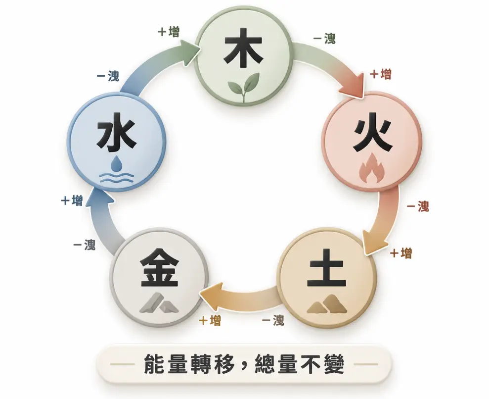 展示八字五行相生中能量如何消長與轉移的循環圖。畫面將木、火、土、金、水排成圓環，並以順時針箭頭標示相生順序：木生火、火生土、土生金、金生水、水生木。每個轉換點皆標註出「+增」（受生者能量增加）與「-洩」（主生者能量被削弱）的動態，並強調「能量轉移，總量不變」的物理規律。