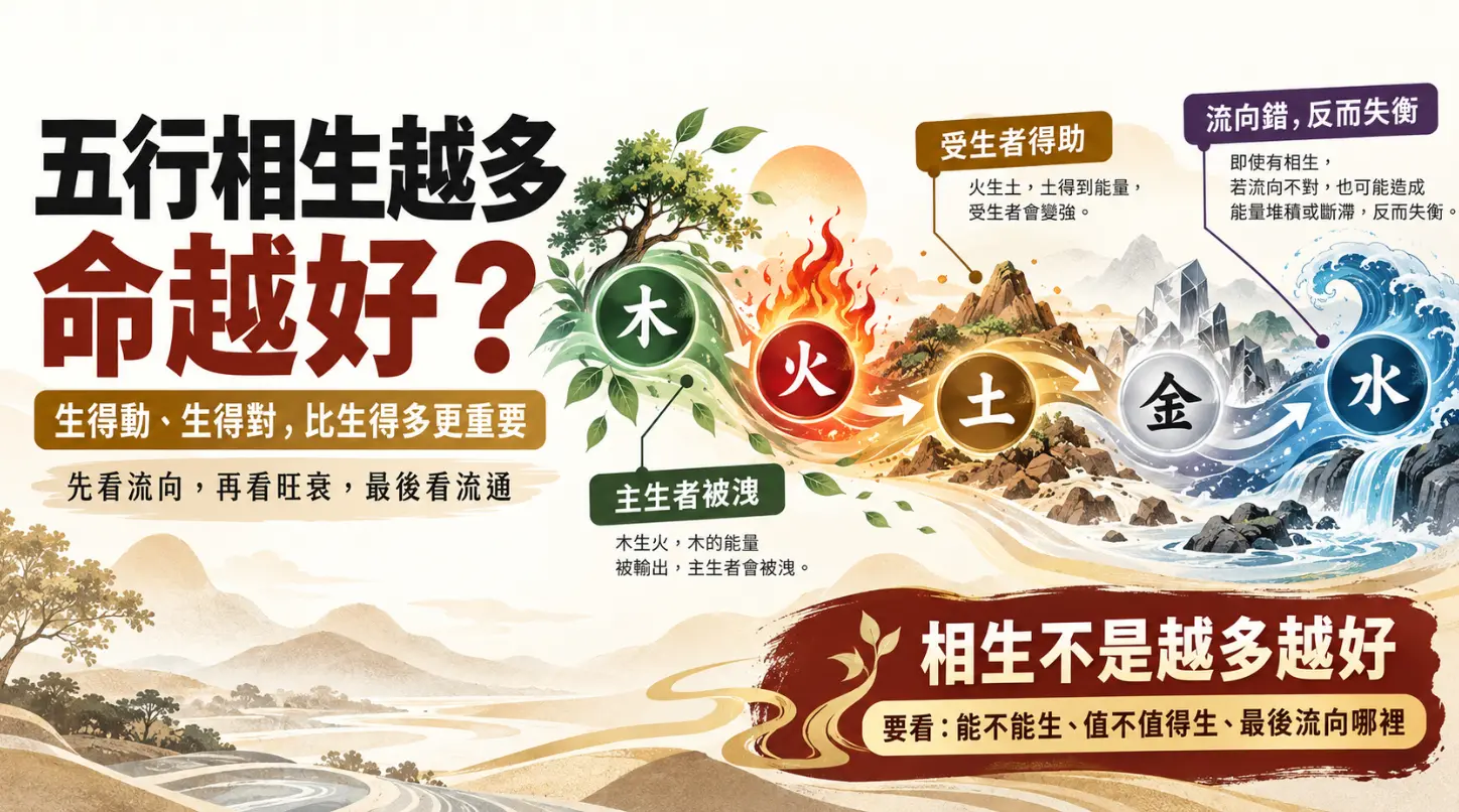 探討八字五行相生並非「越多越好」的解析圖解。畫面將木火土金水一字排開，強調生得動與流向對才重要。指出主生者能量輸出會被洩（如木生火）、受生者得能量會變強（如火生土），而流向錯誤（如堆積斷滯）反而會失衡。提醒判讀時要看能不能生、值不值得生，以及最後流向哪裡。