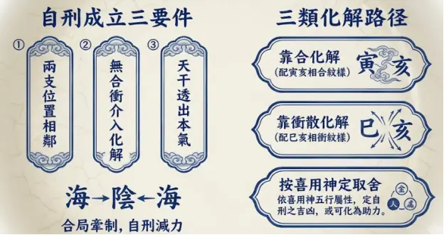 詳細解析八字亥亥自刑成立要件與化解方法的實務圖表。左側明確列出兩支相鄰、無合衝介入及天干透出本氣三大成立要件；右側則提供靠寅亥相合、巳亥相衝打散，以及按喜用神定取捨的三類化解路徑。幫助大眾精準判讀自刑是否成局，並掌握制衡之道。