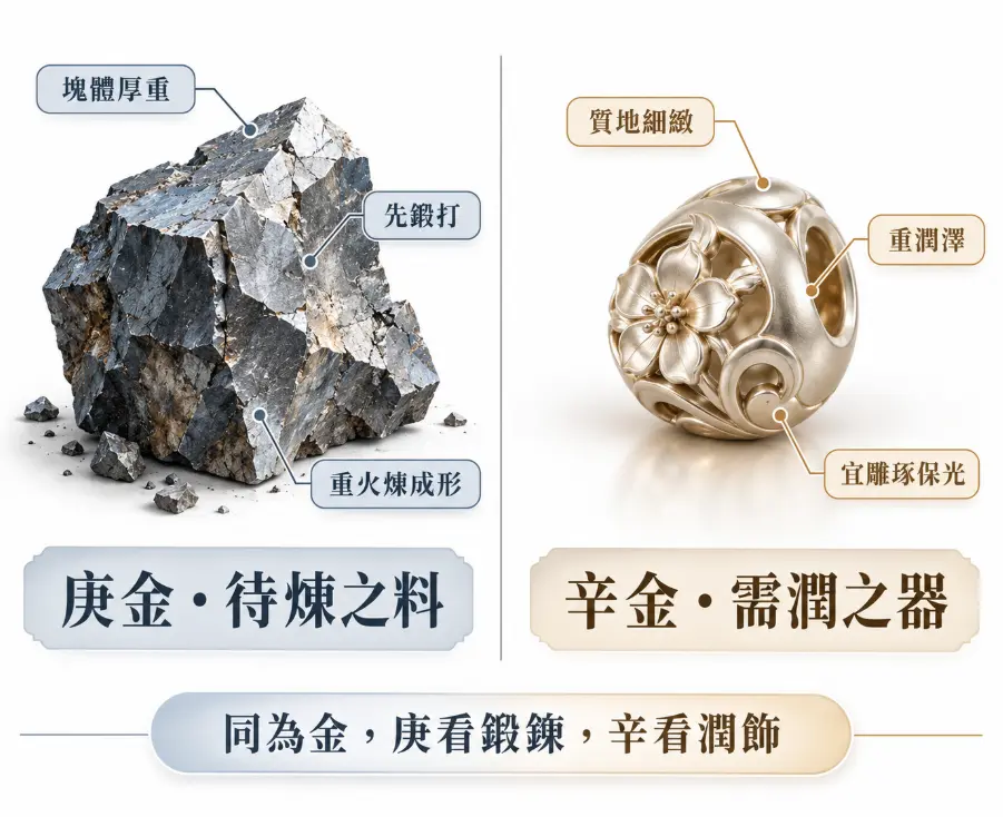 闡述八字喜金理論中庚金與辛金特質差異的對照圖。左側以厚重礦石象徵庚金為待煉之料，重火煉成形與鍛打；右側以精緻珠寶呈現辛金為需潤之器，質地細緻且宜雕琢保光。強調同為五行金，庚金重在鍛鍊磨礪，辛金則看溫潤修飾，補金取向各有不同。