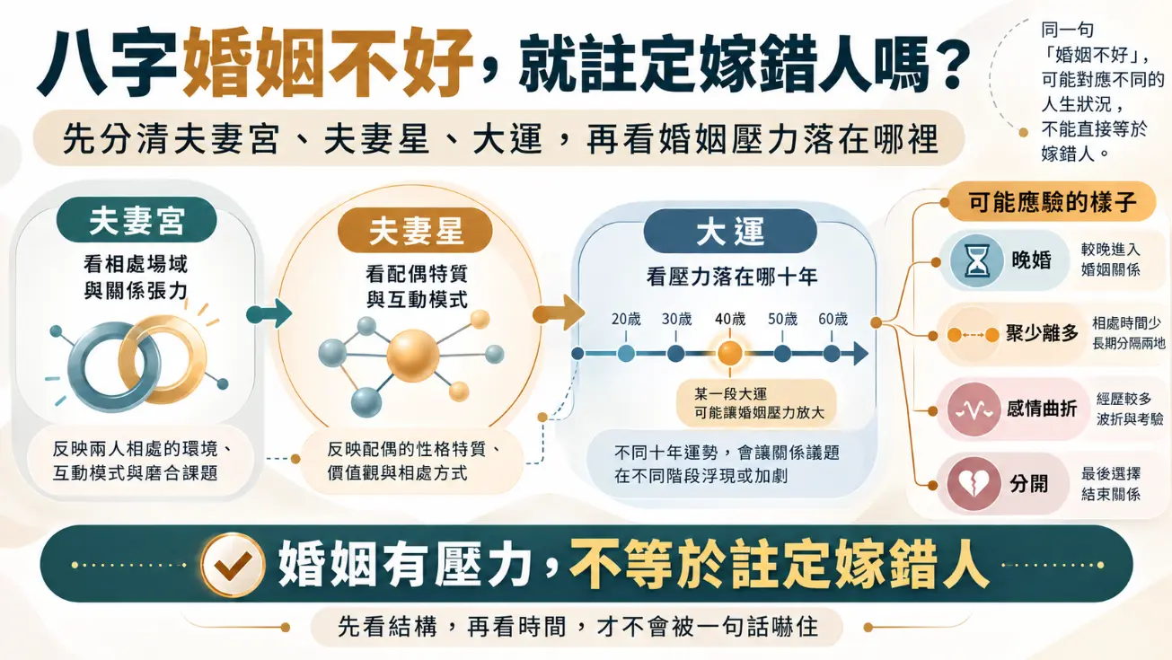 解析八字婚姻不好迷思與判讀方法的流程圖。畫面打破「注定嫁錯人」的說法，強調須分清夫妻宮（看相處磨合）、夫妻星（看配偶特質）與大運。指出婚姻有壓力可能應驗為晚婚、聚少離多、感情曲折或分開等多種形式，呼籲從結構與時間客觀解讀，切勿被一句話嚇住。